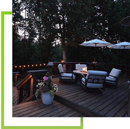 back deck patio with fire pit and outdoor living area