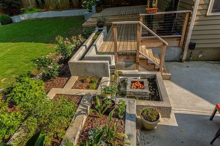 backyard patio and fire feature hardscaping with outdoor gardening