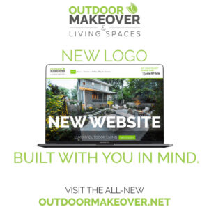 An Outdoor Makeover graphic announces a new logo and website, with a laptop image and the text Built With You in Mind.