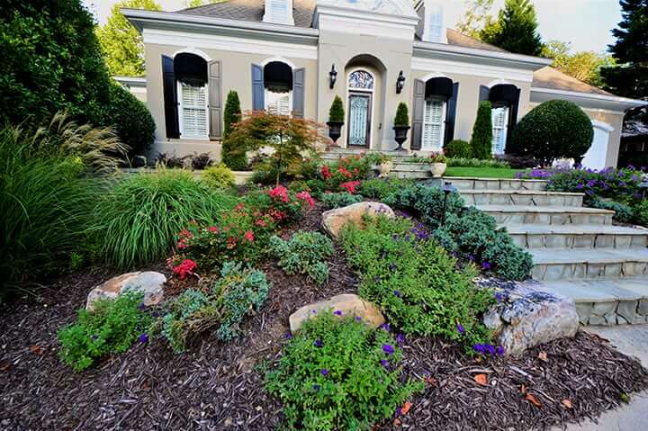front yard landscape design with purple and pink flowers with stone stairway leading to front door
