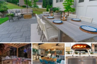 A collage shows a set patio dining table, sheltered outdoor seating and cooking appliances with an outdoor oven.