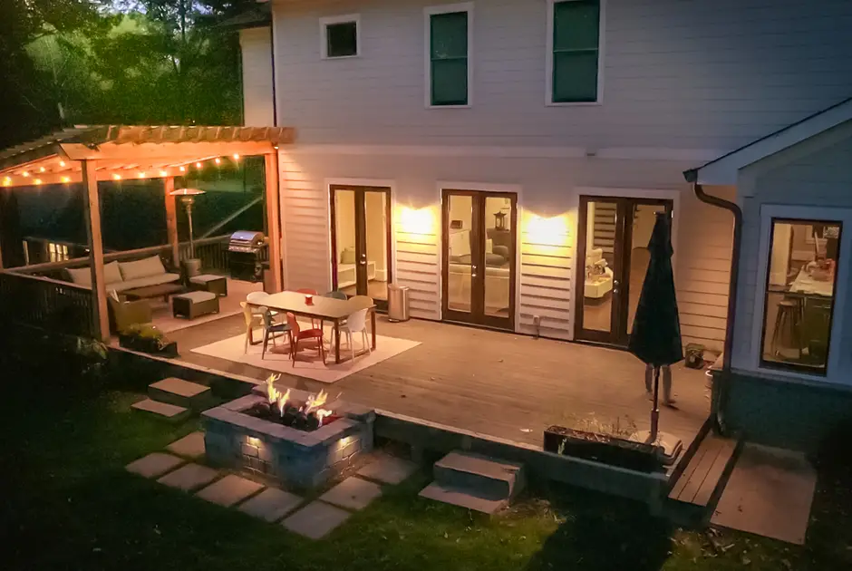 Outdoor Makeover: Low-Level-Deck-With-Firepit-And-Sloped-Pergola