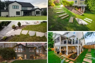 A collage shows house exteriors, green lawns, stepping-stone paths and raised outdoor living spaces.
