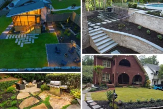 A collage shows a lit backyard, stone retaining walls, garden steps and landscaped areas beside houses.