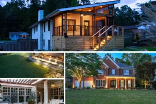 A collage shows a lit raised porch, illuminated garden steps, a pergola and a brick house at dusk.