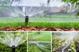 A collage shows sprinklers spraying water across green lawns and planted garden areas.