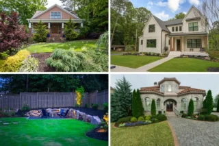 Four photographs show houses framed by front gardens, lawns, trees and paved approaches.
