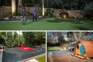 A collage combines evening putting practice, a backyard athletic court and a barrel-shaped garden structure.