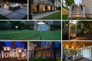 A collage shows illuminated steps, garden walls, pathway lights, a pergola and covered outdoor living areas.