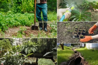 A collage shows a person with a shovel, hands working with plants and soil, cut branches and an uprooted tree.