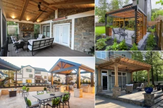 Four photographs show furnished covered patios, a timber kitchen pavilion and pergola-style outdoor structures.