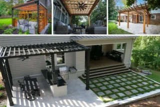 A collage shows timber pergolas, covered patios and a lawn patterned with square pavers beside a house.