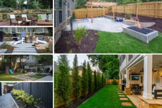 A collage shows paved patios, fenced yards, lawns and rows of shrubs beside houses.