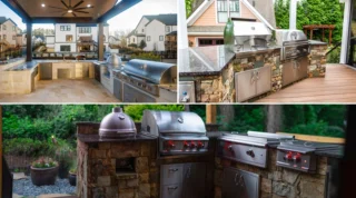 A collage shows covered and open-air outdoor kitchens with grills, counters, stone bases and cooking appliances.