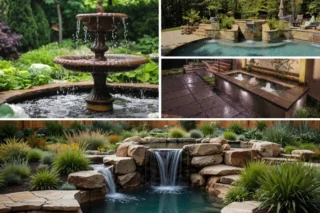 A collage shows tiered garden fountains, a long wall fountain and water flowing over rocks into a pond.
