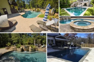 A collage shows curved and rectangular swimming pools, a round raised spa and stone poolside terraces.