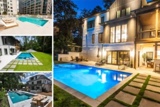 A collage shows rectangular swimming pools beside houses, paved pool surrounds and grass-jointed stepping stones.