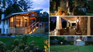 A collage shows a warmly lit porch, an outdoor fireplace, a covered dining area and garden lighting at dusk.