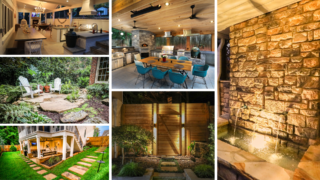 A collage shows illuminated stonework, covered seating, garden paths and timber outdoor structures.
