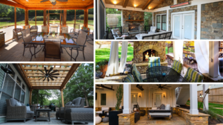 Cozy backyard spaces with covered patios, seating, stone fireplaces, ceiling fans, outdoor curtains, and natural wood and greenery elements.