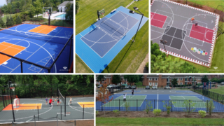Collage of five colorful outdoor basketball and athletics courts in different settings, some with fences, near homes, and players on a few courts.