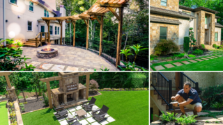 A collage shows a pergola over a fire-pit patio, lawn beside a stone house, an outdoor fireplace and a person tending plants.