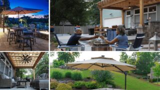 People relax under umbrellas and pergolas, toast by a fire pit, and enjoy landscaped backyard patios in day and evening scenes.