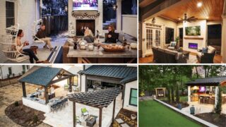 A collage shows furnished covered patios, outdoor fireplaces and backyard pavilions.