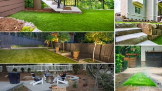 A collage shows green lawns, stone garden edges, a patio gathering area and a narrow turf strip beside paving.