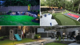 A collage shows backyard lawns, a putting area, play equipment and paved outdoor seating spaces.