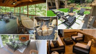 A collage combines covered lounges, cushioned patio chairs, woven seating and a stone garden detail.