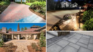 A collage shows a block-paved driveway, an illuminated paved approach, a stone-lined forecourt and rectangular patio pavers.