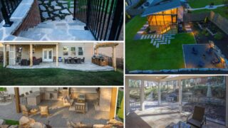 A collage shows exterior steps, a backyard at dusk, covered patios and furnished outdoor seating areas.