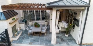 Stylish outdoor patio with furniture