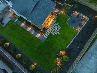 Aerial view of landscaped backyard.